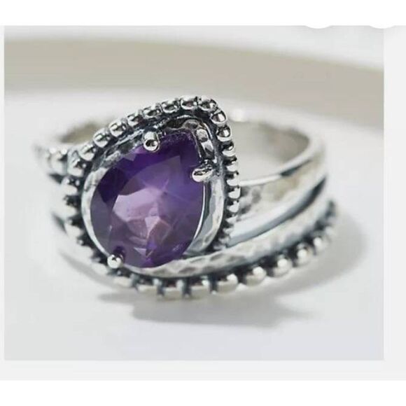 New~PAZ CREATIONS Pear Cut Genuine Amethyst Bead Statement Ring Sz 8~925 SS - Picture 3 of 4